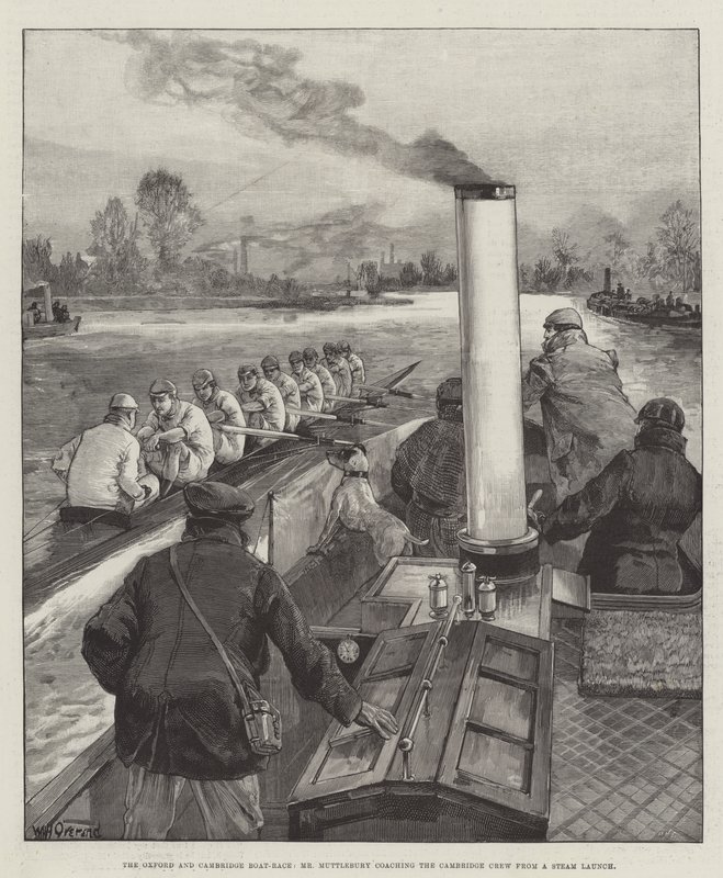 Oxford og Cambridge Boat-Race, Mr. Muttlebury træner Cambridge Crew fra en Steam Launch af William Heysham Overend
