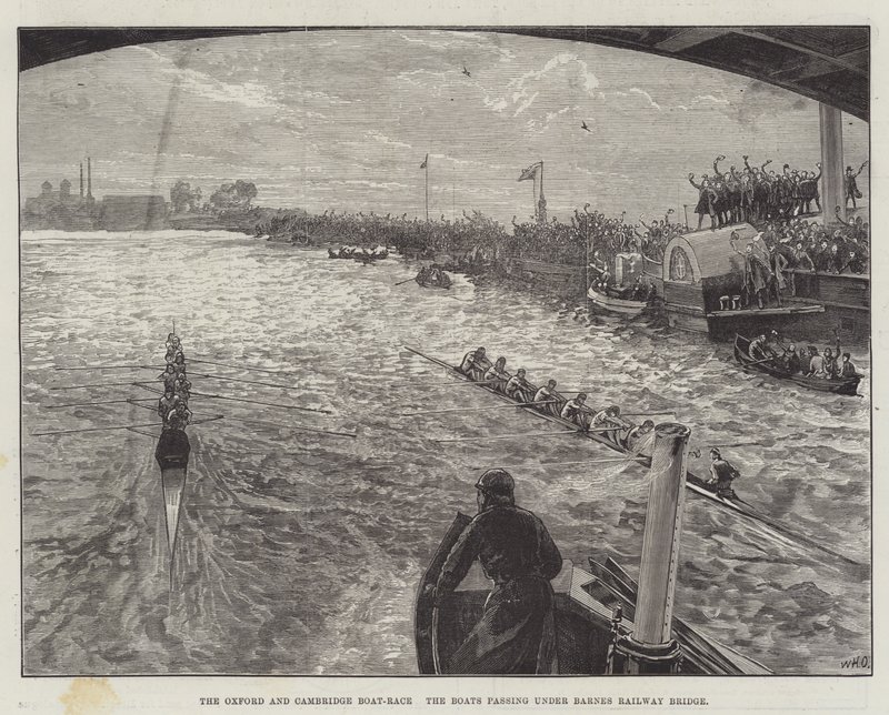 Oxford og Cambridge Boat-Race, bådene passerer under Barnes Railway Bridge af William Heysham Overend