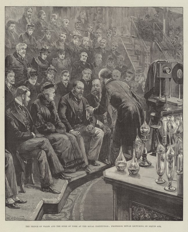 Prinsen af Wales og hertugen af York ved Royal Institution, professor Dewar forelæser om Liquid Air af William Heysham Overend