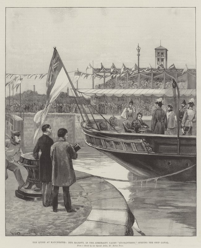 Dronningen i Manchester, Hendes Majestæt, i Admiralty Yacht Enchantress, åbner Skibskanalen af William Heysham Overend