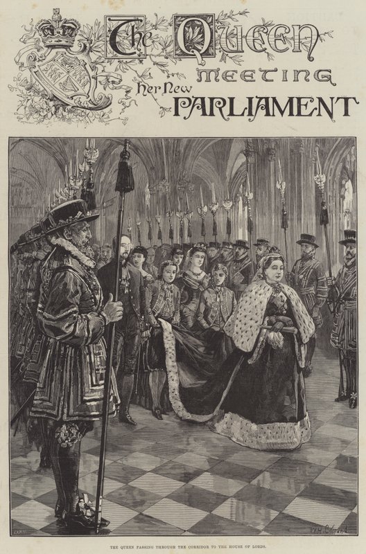 Dronningen møder sit nye parlament og passerer gennem korridoren til House of Lords af William Heysham Overend