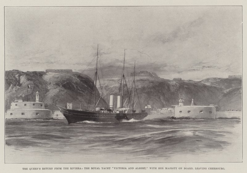Dronningens tilbagevenden fra Rivieraen, Royal Yacht Victoria og Albert, med Hendes Majestæt ombord, forlader Cherbourg af William Heysham Overend