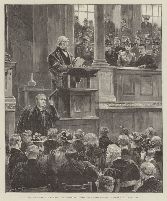 The Right Honorable W E Gladstone i Oxford, der leverer Romanes Lecture i Sheldonian Theatre af William Heysham Overend