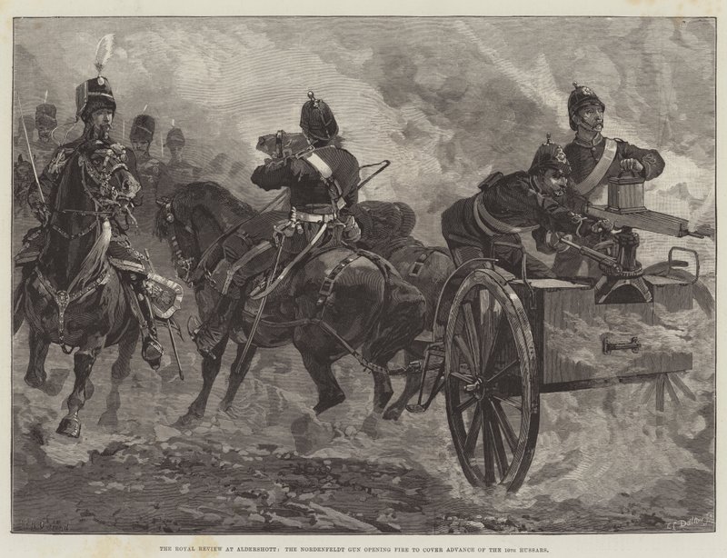 The Royal Review at Aldershot, Nordenfelt Gun åbner ild for at dække Advance of the 10th Husars af William Heysham Overend