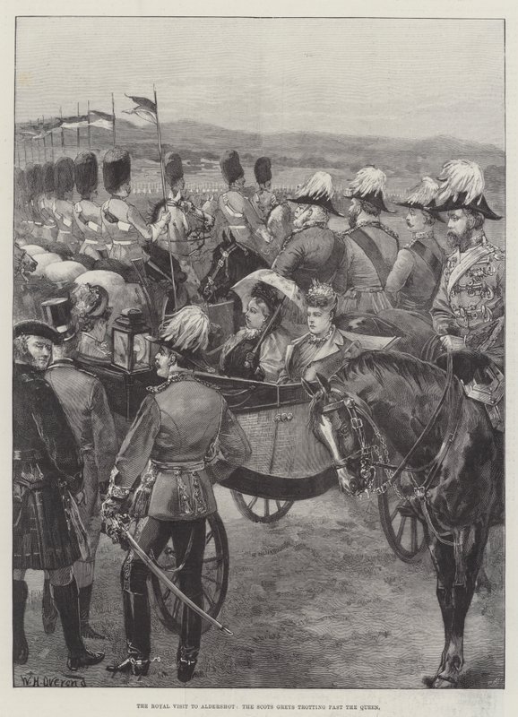 Det kongelige besøg i Aldershot, Scots Greys traver forbi dronningen af William Heysham Overend