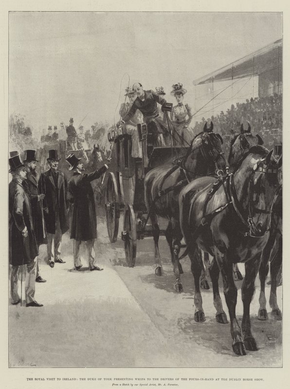 Det kongelige besøg i Irland, hertugen af York præsenterer piske til førere af de fire-i-hånd ved Dublin Horse Show af William Heysham Overend