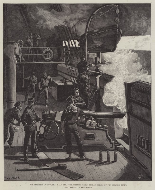 Situationen ved Souakim, HMS Albacore beskyder Osman Dignas styrker ved hjælp af elektrisk lys af William Heysham Overend