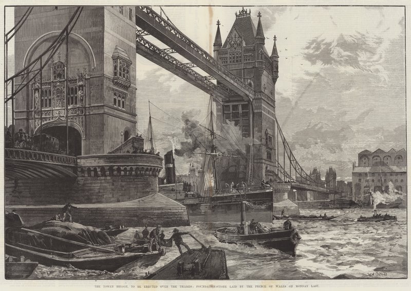 Tower Bridge, der skal opføres over Themsen, grundstenen lagt af prinsen af Wales mandag sidste af William Heysham Overend