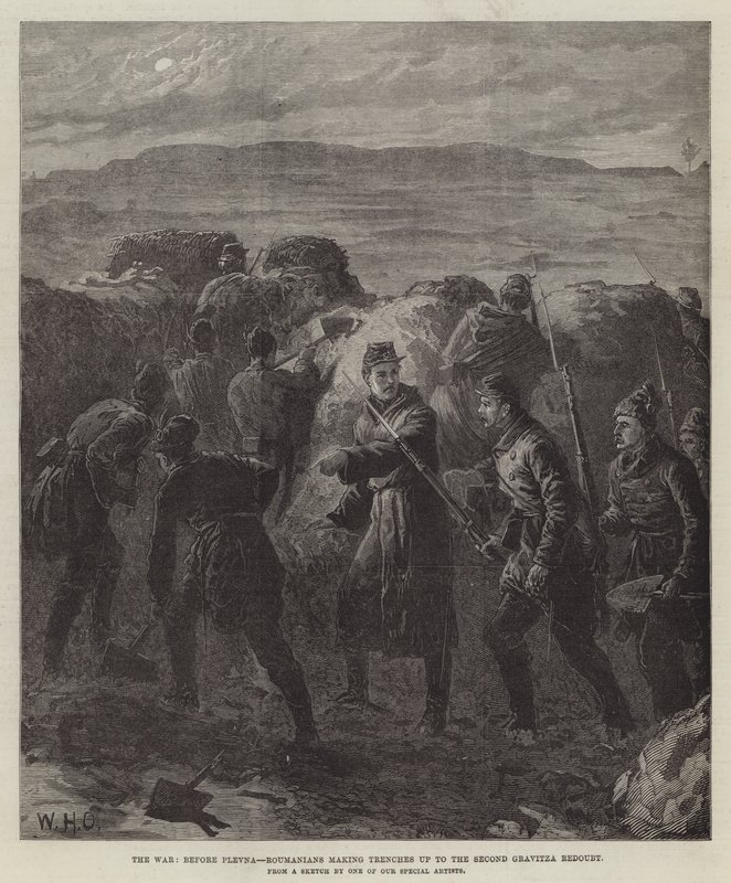 Krigen, før Plevna, rumænere, der laver skyttegrave op til den anden Gravitza-redoubt af William Heysham Overend