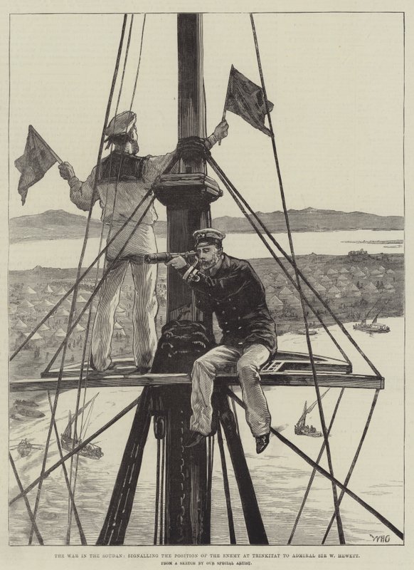 Krigen i Soudan, der signalerer fjendens position ved Trinkitat til admiral Sir W Hewett af William Heysham Overend