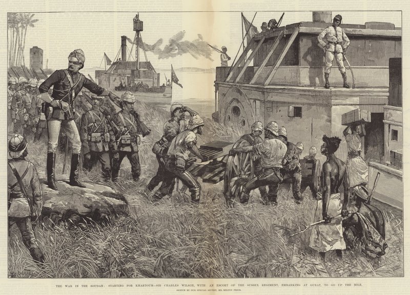 Krigen i Soudan, startende for Khartoum, Sir Charles Wilson, med en eskorte fra Sussex Regiment, på vej op i Gubat for at gå op ad Nilen af William Heysham Overend