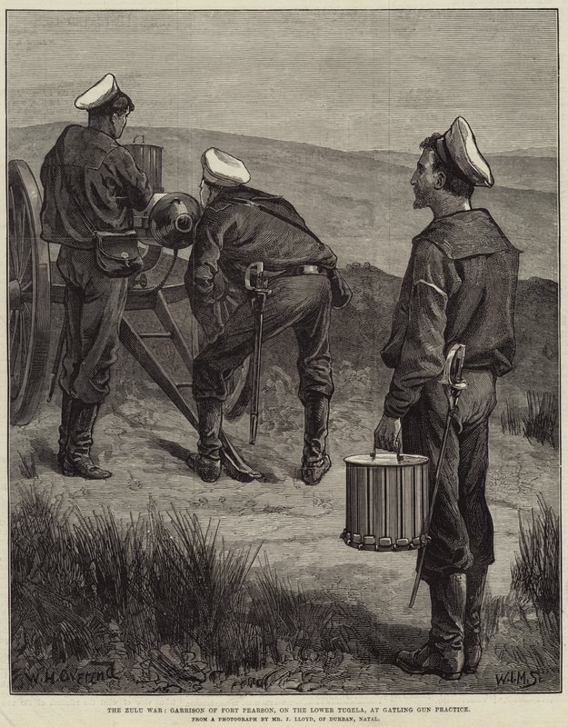 Zulu-krigen, Garnison of Fort Pearson, på Lower Tugela, ved Gatling Gun Practice af William Heysham Overend