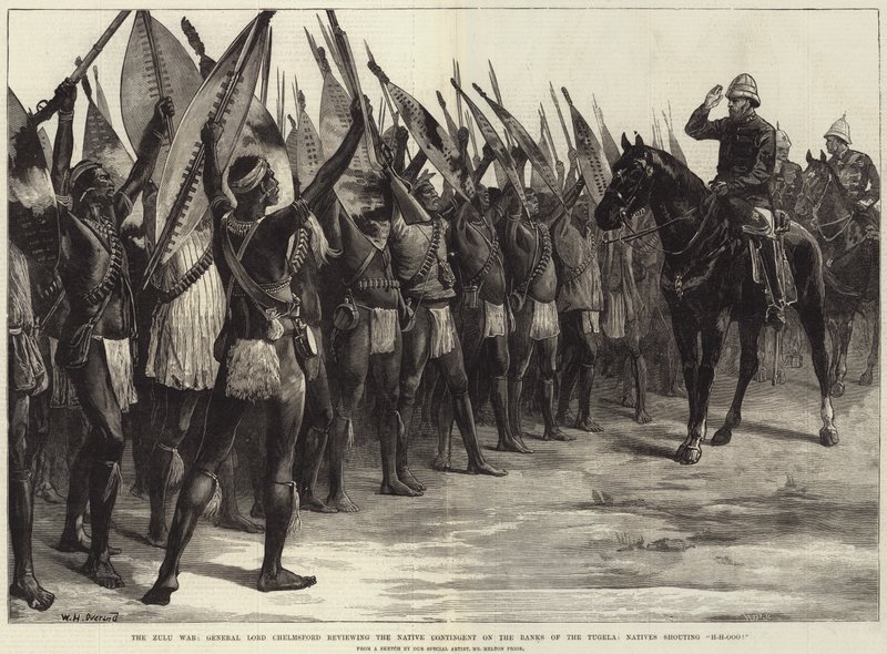Zulu-krigen, general Lord Chelmsford gennemgår det indfødte kontingent på bredden af Tugela, indfødte råbte H-H-Ooo! af William Heysham Overend