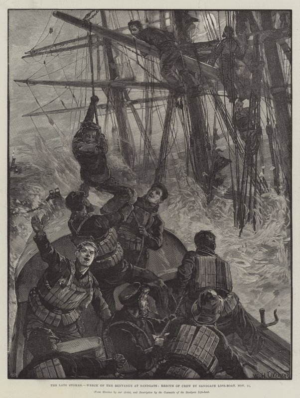 The late Storms, Wreck of the Benvenue at Sandgate, Rescue of Crew af Sandgate Life-Boat, 11. november af William Heysham Overend