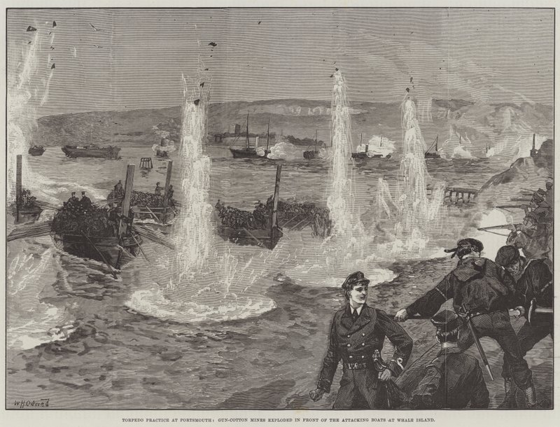 Torpedoøvelser i Portsmouth, Gun-Cotton Mines eksploderede foran de angribende både på Whale Island af William Heysham Overend
