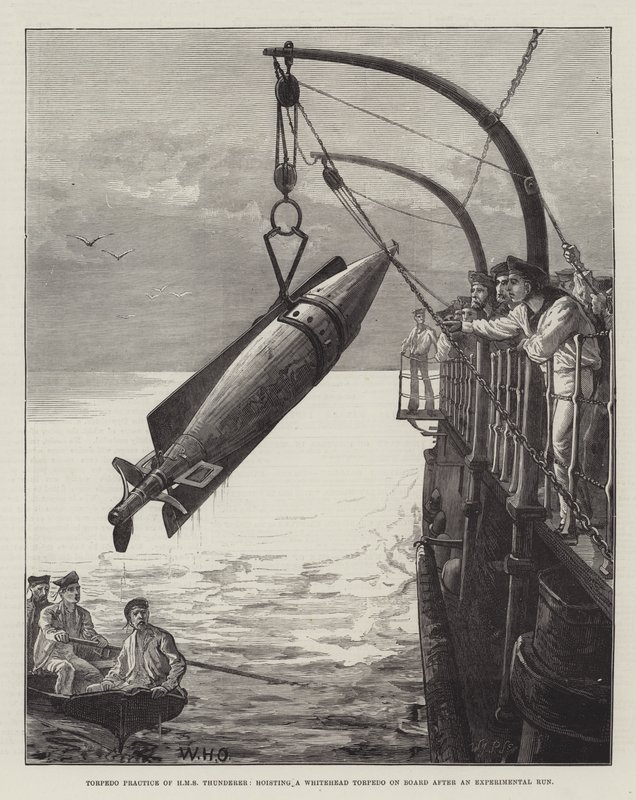 Torpedo-øvelse på HMS Thunderer, hvor en Whitehead-torpedo hejses om bord efter en forsøgsfart af William Heysham Overend