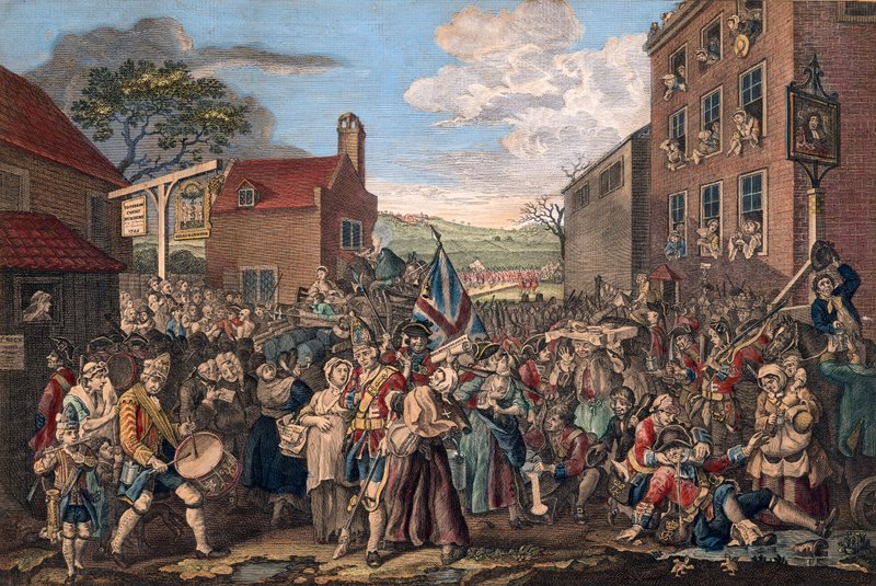 En repræsentation af gardernes march mod Skotland i år 1745 af William Hogarth