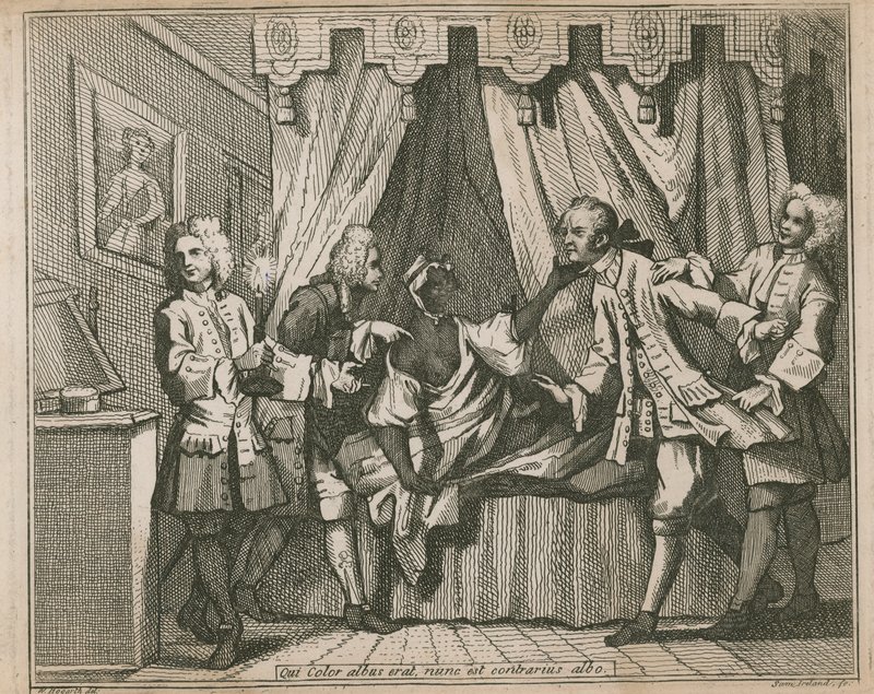 Han, der nu var en hvid farve, er det modsatte af hvid; Fire mænd konfronterer en sort kvinde i hendes soveværelse af William Hogarth
