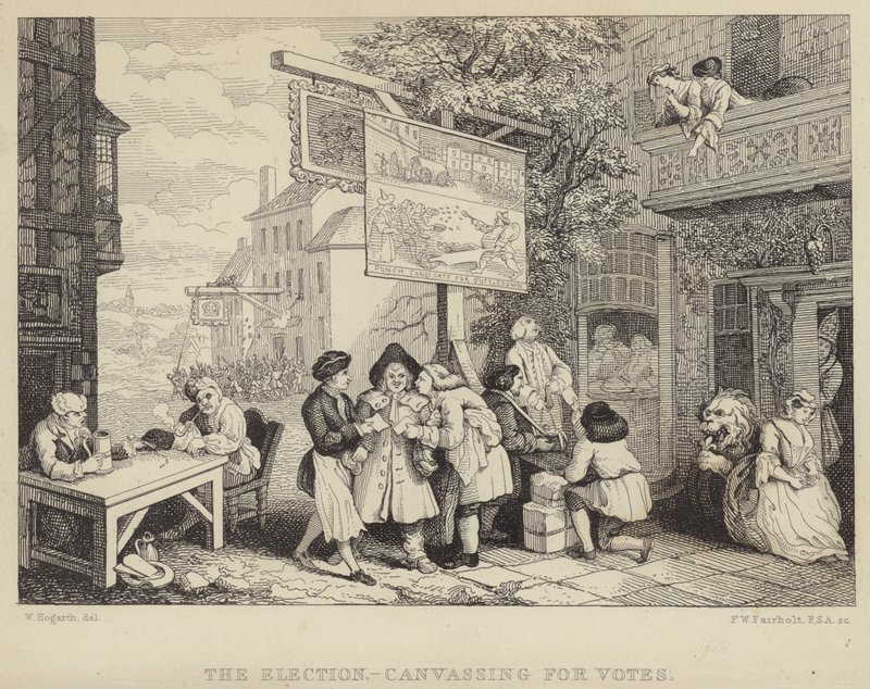 The Election - Canvassing for Votes: satire on the parliamentary election of 1755, one of a series of four titled Humors of an Electiondani af William Hogarth