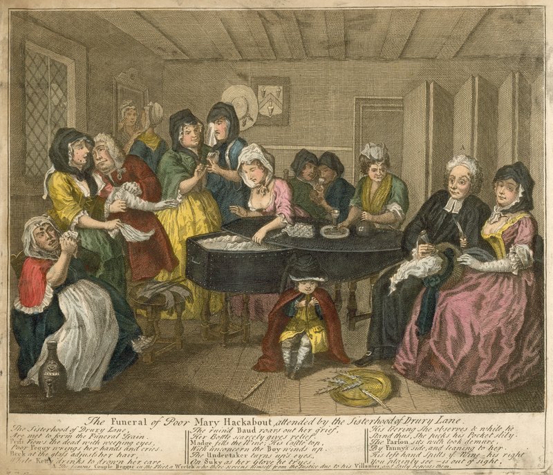 Poor Mary Hackabouts begravelse, hvor søsterskabet til Drury Lane overværede af William Hogarth