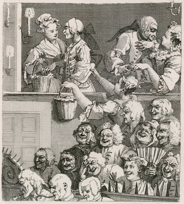 Det grinende publikum. Hogarths udsigt over Drury Lane med orange piger i 1733 af William Hogarth