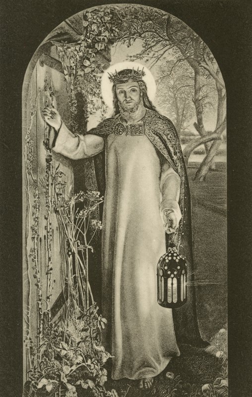 The Light of the World, maleri i Keble College, Oxford, Oxfordshire, der forestiller Kristus, der bærer en lanterne og banker på en dør (s/h foto) af William Holman (after) Hunt