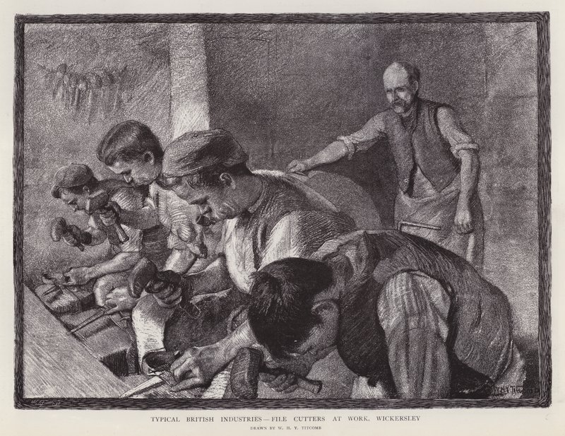 Filskærere på arbejde, Wickersley, South Yorkshire (litho) af William Holt Yates (after) Titcomb