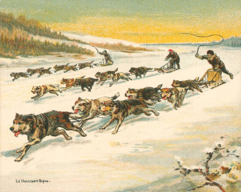 Racer historiske og moderne, canadiske hundeslædeløb (chromolitho) af William Hounsom Byles