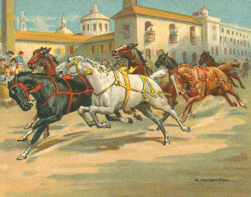 Løb historiske og moderne, rytterløse hestevæddeløb i Italien (chromolitho) af William Hounsom Byles