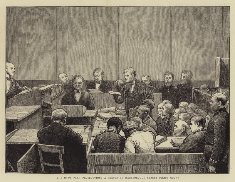 Hyde Park Prosecutions, en skitse i Marlborough Street Police Court af William III Bromley