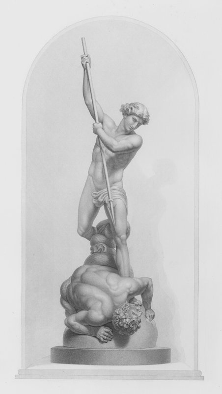 Michael og Satan, fra gruppen i marmor af Flaxman, RA, graveret af W Roffe (gravering) af William John Roffe