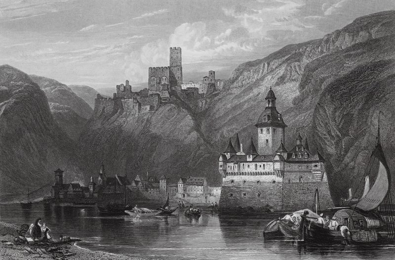 Caub, Gutenfels-borgen og Pfalz, Rhinen (kobberstik) af William Leighton (after) Leitch