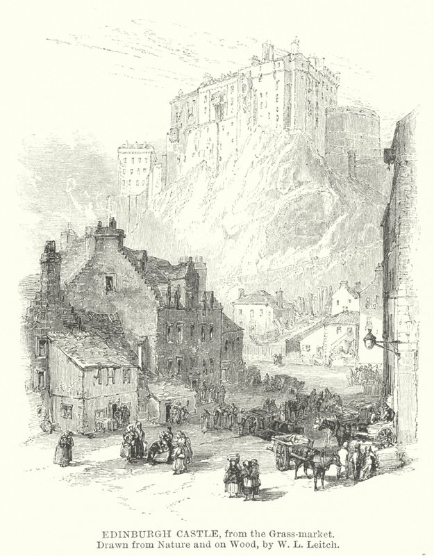 Edinburgh Castle, fra Grass-markedet (gravering) af William Leighton (after) Leitch