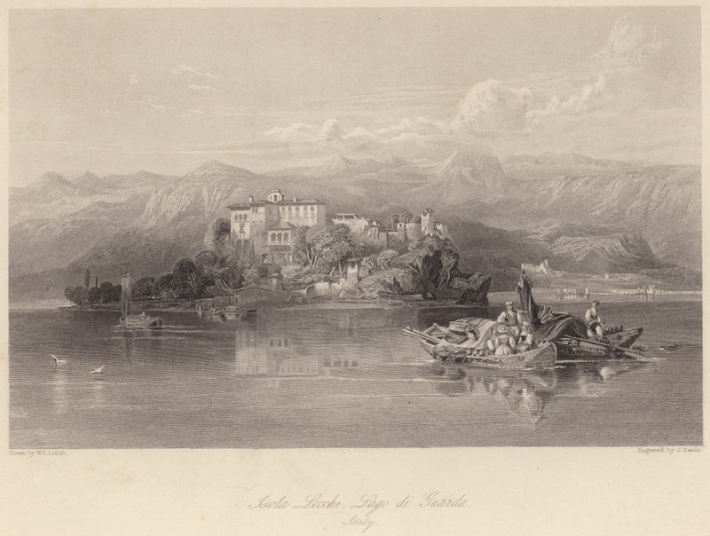 Isola Lechi, Gardasøen, Italien (gravering) af William Leighton (after) Leitch