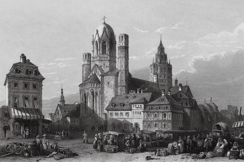 Katedralen i Mayence, Rhinen (kobberstik) af William Leighton (after) Leitch