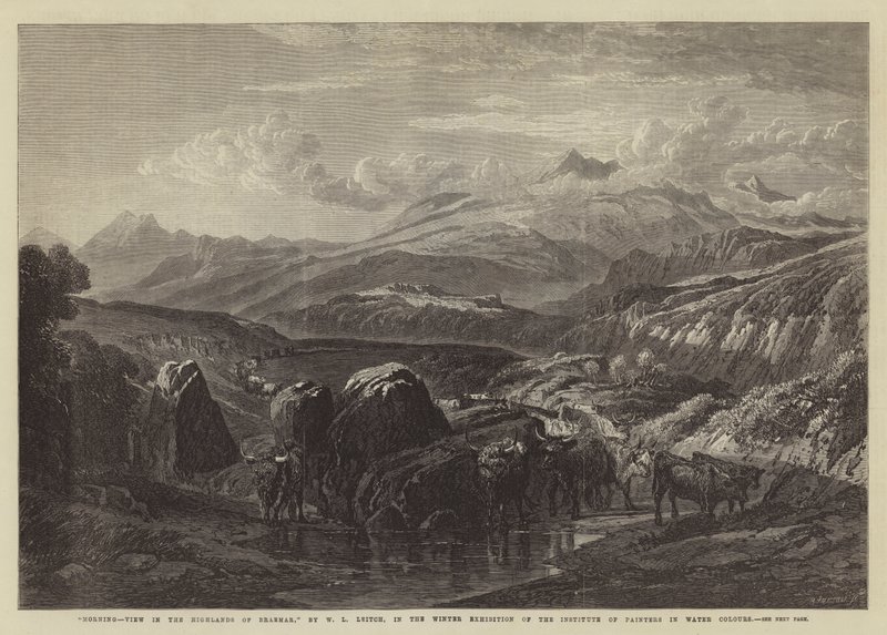 Morgen, udsigt i højlandet ved Braemar, i vinterudstillingen af Institute of Painters in Water Colours af William Leighton Leitch