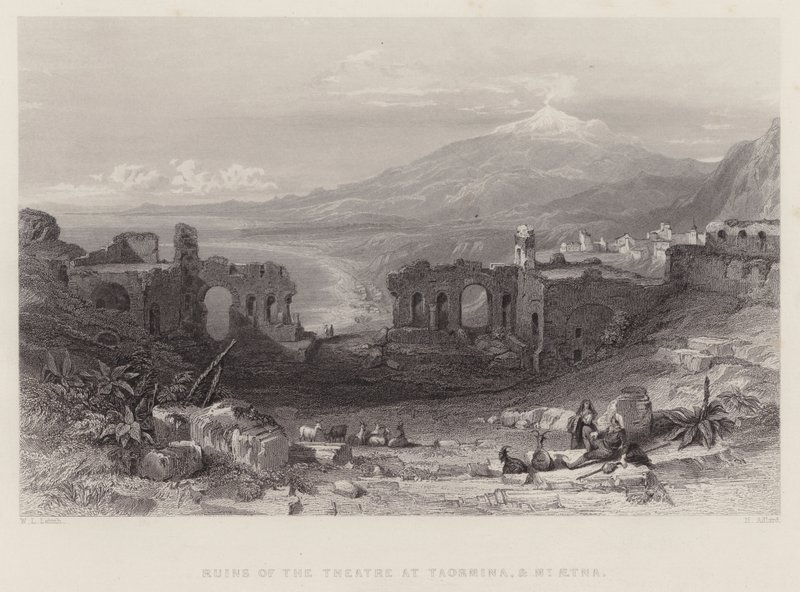 Ruinerne af teatret i Taormina og Mount Aetna (gravering) af William Leighton Leitch