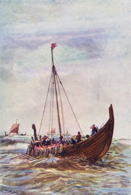 Krigsskib fra kong Alfreds tid (farve litho) af William Lionel (after) Wyllie