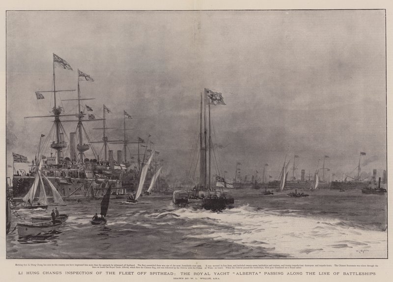 Li Hung Changs inspektion af flåden ud for Spithead, Royal Yacht Alberta, der passerer langs linjen af slagskibe af William Lionel Wyllie
