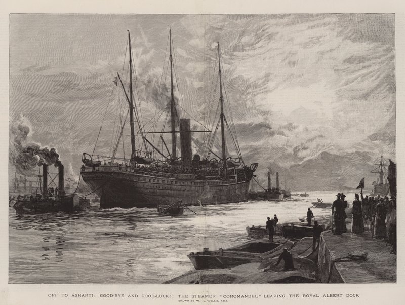 Afsted til Ashanti, farvel og held og lykke!, Steamer Coromandel forlader Royal Albert Dock af William Lionel Wyllie