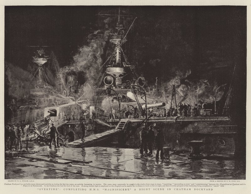 Overtid, færdiggørelse af HMS Magnificent, en natscene på Chatham Dockyard af William Lionel Wyllie