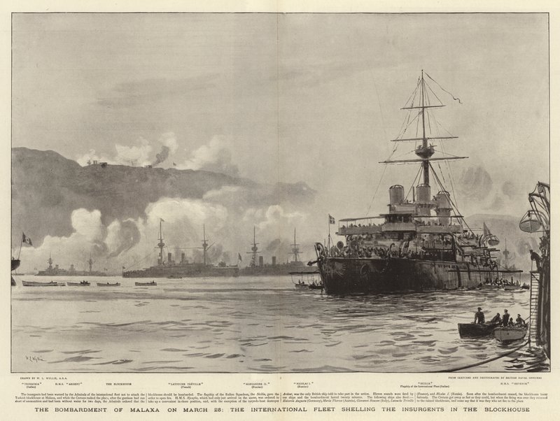 Bombardementet af Malaxa den 23. marts, den internationale flåde beskyder oprørerne i blokhuset af William Lionel Wyllie