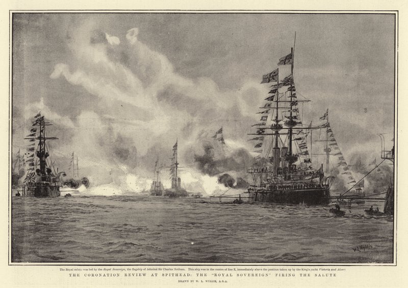 Coronation Review på Spithead, Royal Sovereign affyrer salutten af William Lionel Wyllie