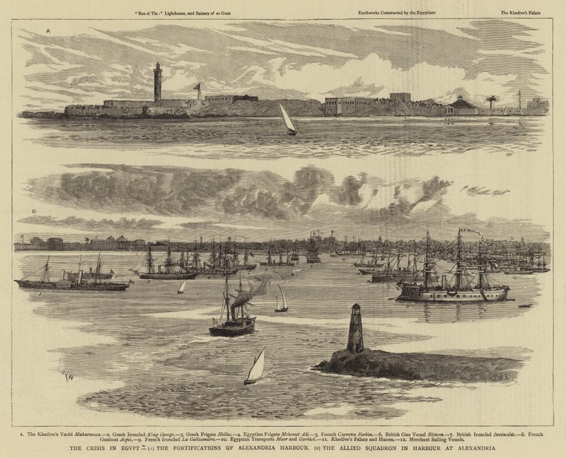 Krisen i Egypten, befæstningerne i Alexandria Havn, den allierede eskadron i havnen i Alexandria af William Lionel Wyllie
