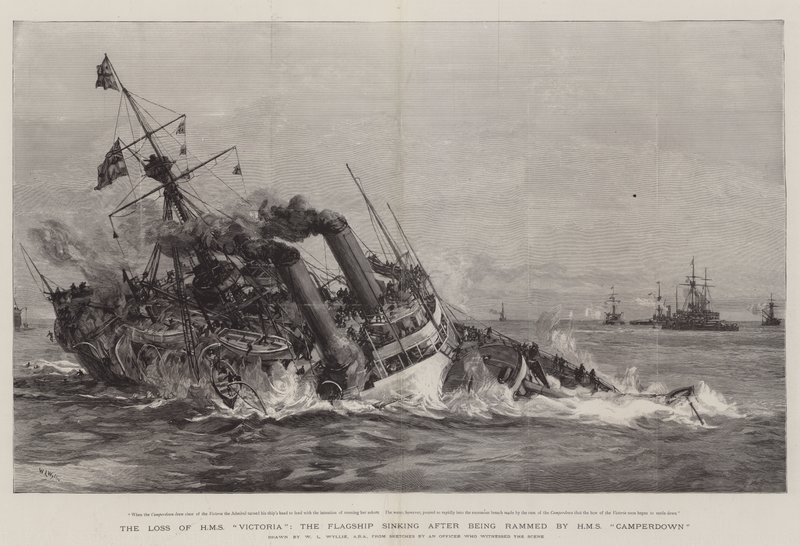 Tabet af HMS Victoria, flagskibet, der sank efter at være blevet rammet af HMS Camperdown af William Lionel Wyllie