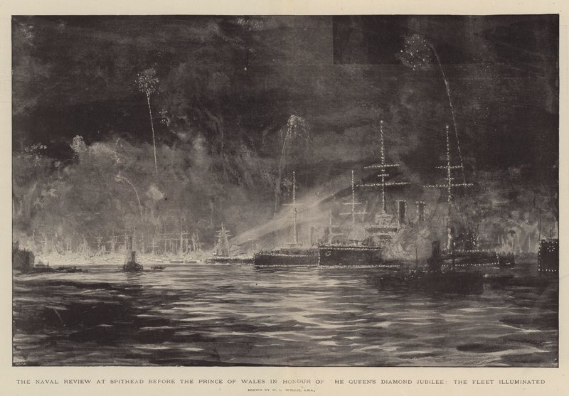 Flådens gennemgang i Spithead foran Prinsen af Wales til ære for dronningens diamantjubilæum, flåden er illumineret af William Lionel Wyllie