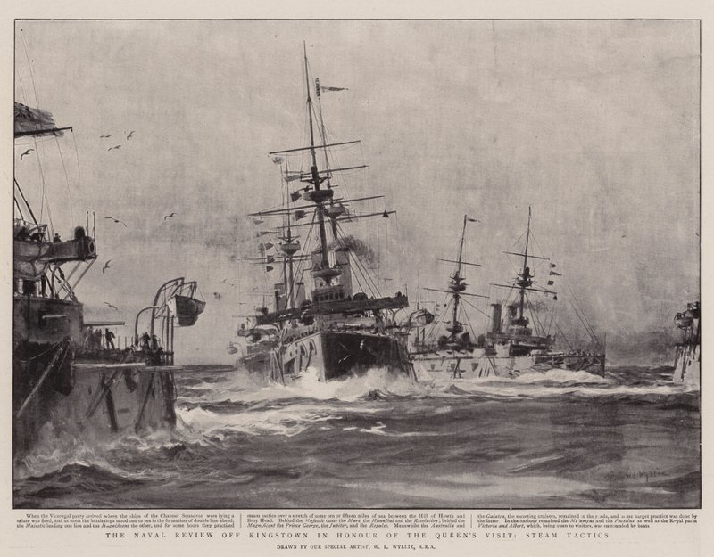 Naval Review off Kingstown til ære for dronningens besøg, Steam Tactics af William Lionel Wyllie