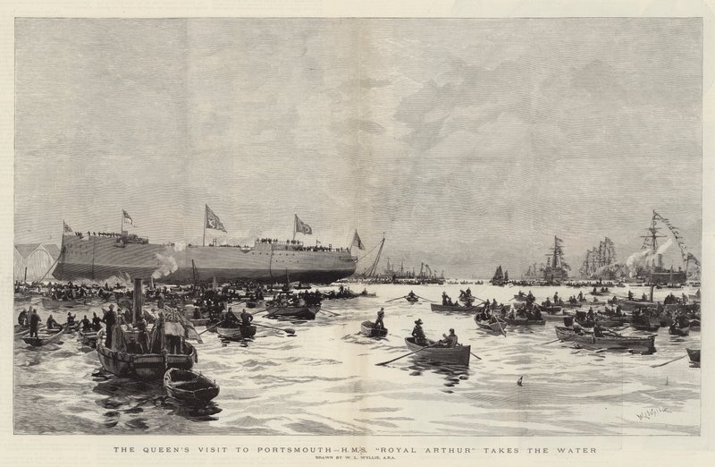 Dronningens besøg i Portsmouth, HMS Royal Arthur går i vandet af William Lionel Wyllie