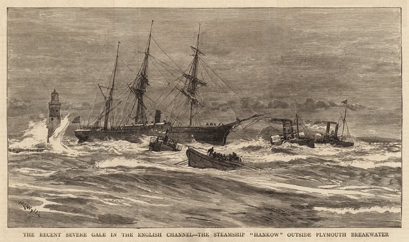 Den seneste alvorlige kuling i Den Engelske Kanal, Dampskibet Hankow uden for Plymouth Breakwater af William Lionel Wyllie