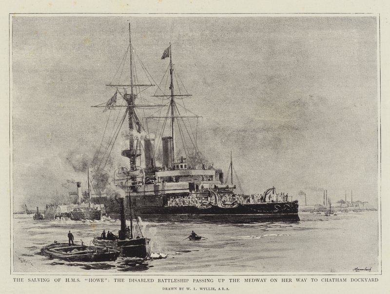 Frelsen af HMS Howe, det handicappede slagskib, der passerer op ad Medway på vej til Chatham Dockyard af William Lionel Wyllie